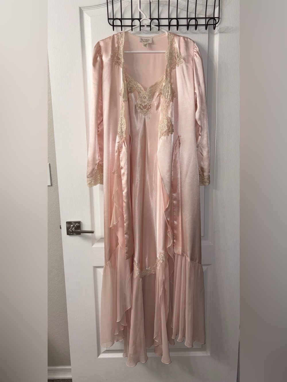 Vintage Victoria Secret Pink Satin & Lace Long Robe Set